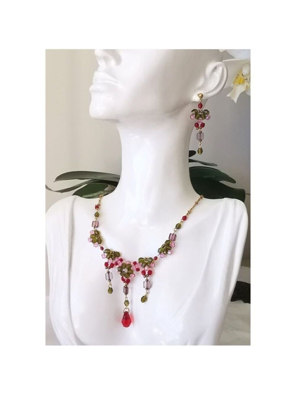 Vintage Czech crystal  beaded necklace earring set